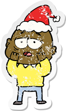 Bir insan tarafından çizilmiş Noel Baba şapkası giymiş yorgun ve kel bir adamın çizilmiş el yazısı.