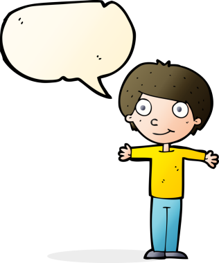 Bir insan tarafından çizilmiş konuşma balonuyla kolları açık mutlu çocuk çizgi filmi.