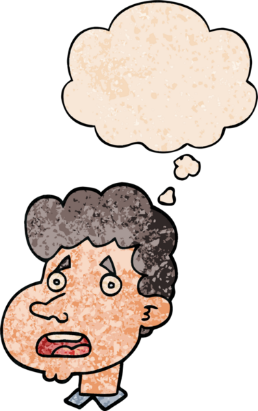 Bir insan tarafından çizilmiş grunge desenli düşünce baloncuklu karikatür adamı şok etti.