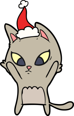 Bir insan tarafından çizilmiş Noel Baba şapkası takan bir kedinin çizimi.