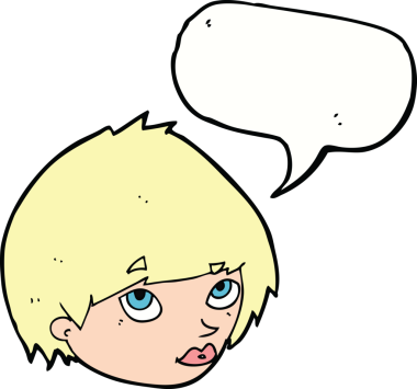 Bir insan tarafından çizilmiş konuşma baloncuğuyla yukarı bakan bir kadın yüzü.