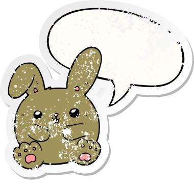 Konuşma baloncuğu olan çizgi film tavşanı bir insan tarafından çizilmiş sıkıntılı eski bir çıkartma