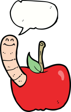 bir insan tarafından çizilmiş konuşma baloncuklu kurtlu çizgi film elması