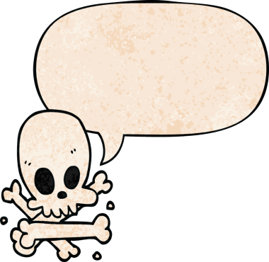 bir insan tarafından çizilmiş eski dokuda konuşma baloncuğu olan kafatası ve kemikler.