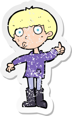 Bir insan tarafından çizilen soruyu soran bir çizgi film karakterinin gerilimli retro yapıştırması.