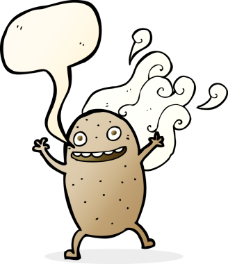 Bir insan tarafından çizilmiş konuşma balonlu mutlu patates çizgi filmi.