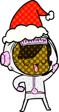 Bir insan tarafından çizilmiş Noel Baba şapkası giyen astronot bir kadının el çizimi çizgi roman tasviri.