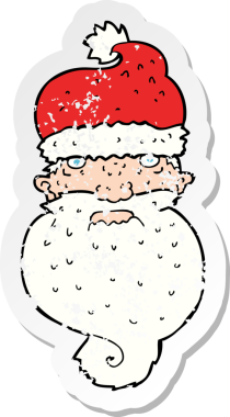 Bir insan tarafından çizilmiş karikatür, korkunç Noel Baba yüzünün gerilimli retro yapıştırması.