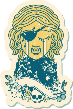 Retro Dövme Tarzı Ağlayan Ork düzenbaz karakter yüzü ve bir insan tarafından çizilmiş doğal bir D20 rulo