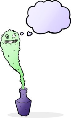 Şişede bir insan tarafından çizilmiş düşünce baloncuğu olan hayaletli bir çizgi film.