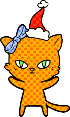 Bir insan tarafından çizilmiş Noel Baba şapkası takan bir kedinin çizgi roman çizimi.