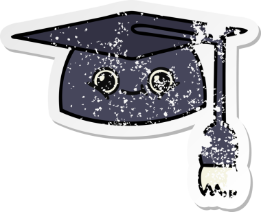 Bir insan tarafından çizilmiş şirin bir çizgi film mezuniyet şapkasının sıkıntılı çıkartması.