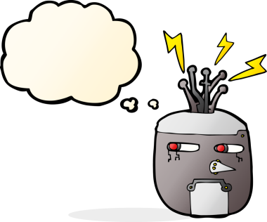 Bir insan tarafından çizilmiş düşünce baloncuklu robot kafası.