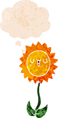 Düşünce baloncuğu ve grunge desenli karikatür çiçeği bir insan tarafından çizilmiş.