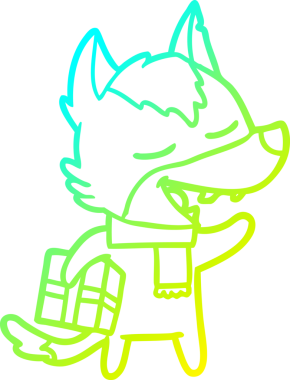 Soğuk gradyan çizgisi, bir insan tarafından çizilmiş gülen Noel hediyeli bir kurt çizgi filmi.