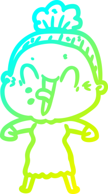 Bir insan tarafından çizilmiş, mutlu, yaşlı bir kadının çizimi.