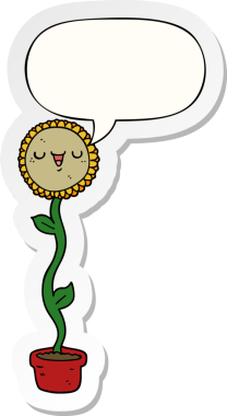 Bir insan tarafından çizilmiş konuşma balonu çıkartmalı ayçiçeği çizgi filmi.