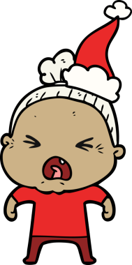 Bir insan tarafından çizilmiş Noel Baba şapkası giyen kızgın yaşlı bir kadının el çizimi.