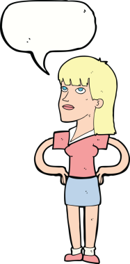 Bir insan tarafından çizilmiş konuşma balonlu elleri olan çizgi film kadını.