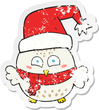 Bir insan tarafından çizilmiş şirin bir noel baykuşunun gerilmiş çıkartması.