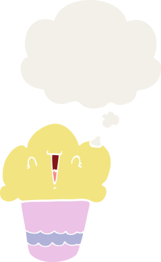 Yüzünde düşünce kabarcığı olan bir insan tarafından çizilmiş bir kek.