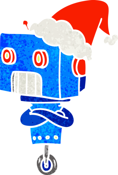 Bir insan tarafından çizilmiş Noel Baba şapkası giyen bir robotun el çizimi karikatürü.