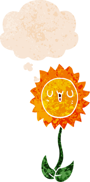 Düşünce baloncuğu ve grunge desenli karikatür çiçeği bir insan tarafından çizilmiş.