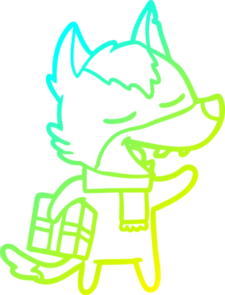 Soğuk gradyan çizgisi, bir insan tarafından çizilmiş gülen Noel hediyeli bir kurt çizgi filmi.