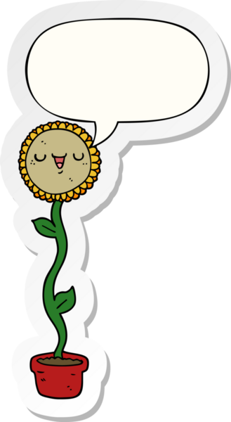 Bir insan tarafından çizilmiş konuşma balonu çıkartmalı ayçiçeği çizgi filmi.