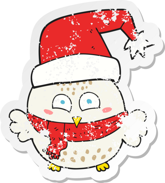 Bir insan tarafından çizilmiş şirin bir noel baykuşunun gerilmiş çıkartması.