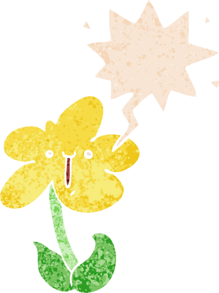 Bir insan tarafından çizilmiş grunge dertli retro biçimli konuşma baloncuklu karikatür çiçeği