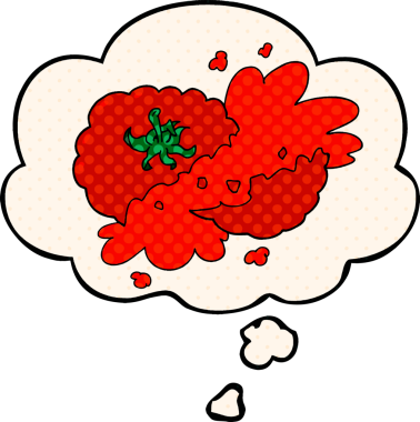 Bir insan tarafından çizilmiş çizgi roman tarzında baloncuklu ezilmiş domates.