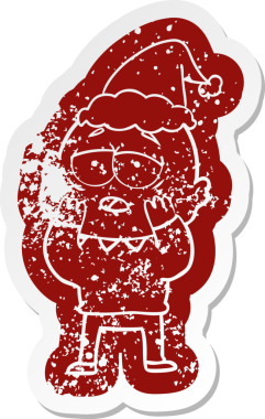 Bir insan tarafından çizilmiş Noel Baba şapkası giyen yorgun ve kel bir adamın garip karikatürü.