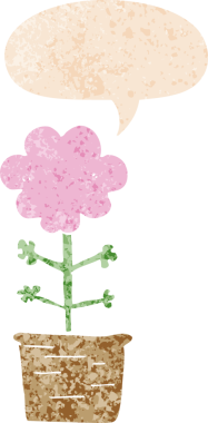 Bir insan tarafından çizilmiş grunge dertli retro biçimli konuşma baloncuğu ile sevimli karikatür çiçek