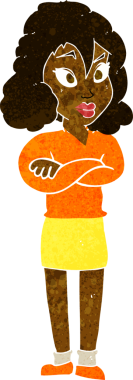 Bir insan tarafından çizilmiş çapraz kollu bir karikatür kadın.