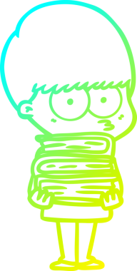 Bir insan tarafından çizilmiş kitapları taşıyan sinirli bir çizgi film çocuğunun çizimi.