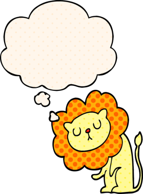 Çizgi roman tarzında bir insan tarafından çizilmiş düşünce baloncuğu olan sevimli çizgi film aslanı.