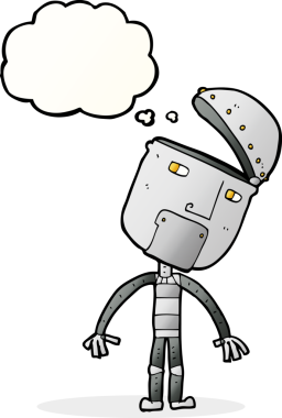 Bir insan tarafından çizilmiş düşünce baloncuklu çizgi film robotu