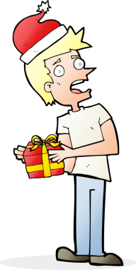 Bir insan tarafından çizilmiş bir noel hediyesini elinde tutan çizgi film adamı.