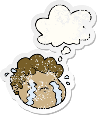 Düşünce baloncuğu olan karikatür ağlayan çocuk bir insan tarafından çizilmiş yıpranmış bir çıkartma.