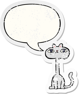 Konuşma baloncuğu olan çizgi film kedisi bir insan tarafından çizilmiş sıkıntılı eski bir çıkartma