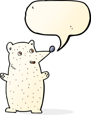 Komik karikatür kutup ayısı konuşma baloncuğu çizen bir insan