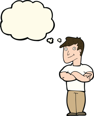 Bir insan tarafından çizilmiş düşünce balonlu kaslı bir adam.