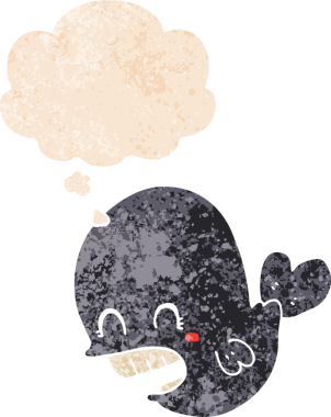 Düşünce baloncuklu çizgi film balinası grunge sıkıntılı retro dokulu bir insan tarafından çizilmiş