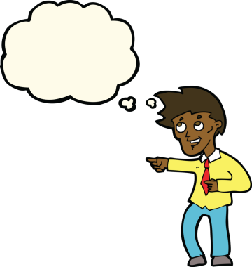 Bir insan tarafından çizilmiş düşünce baloncuğuyla işaret eden komik ofis adamı.