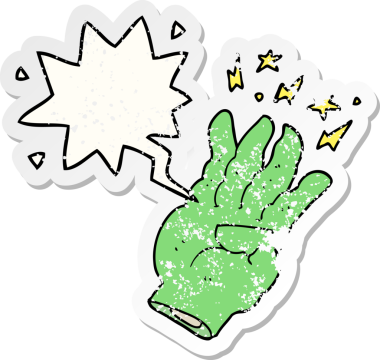 Çizgi filmlerdeki sihirli el, konuşma baloncuğu, bir insan tarafından çizilmiş sıkıntılı eski çıkartma.