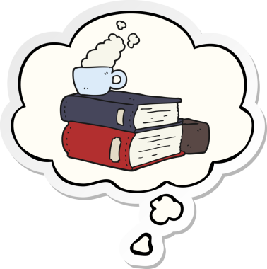 Çizgi roman ve kahve fincanı. Üzerinde düşünce kabarcığı olan bir insan tarafından çizilmiş çıkartma.