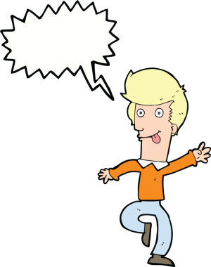 Bir insan tarafından çizilmiş konuşma balonuyla dans eden karikatürist.