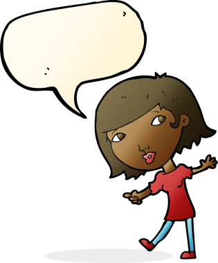 Bir insan tarafından çizilen konuşma baloncuğuyla hareket eden mutlu bir kız.