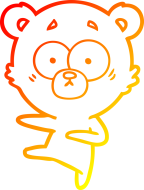 Bir insan tarafından çizilmiş, gergin, dans eden bir ayı çizgi filminin çizimi.